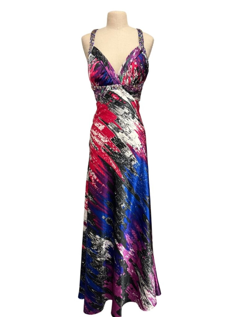 Party Time Formal Dress Multicolor Hand-Beaded Halter Evening Gown With Open Bac